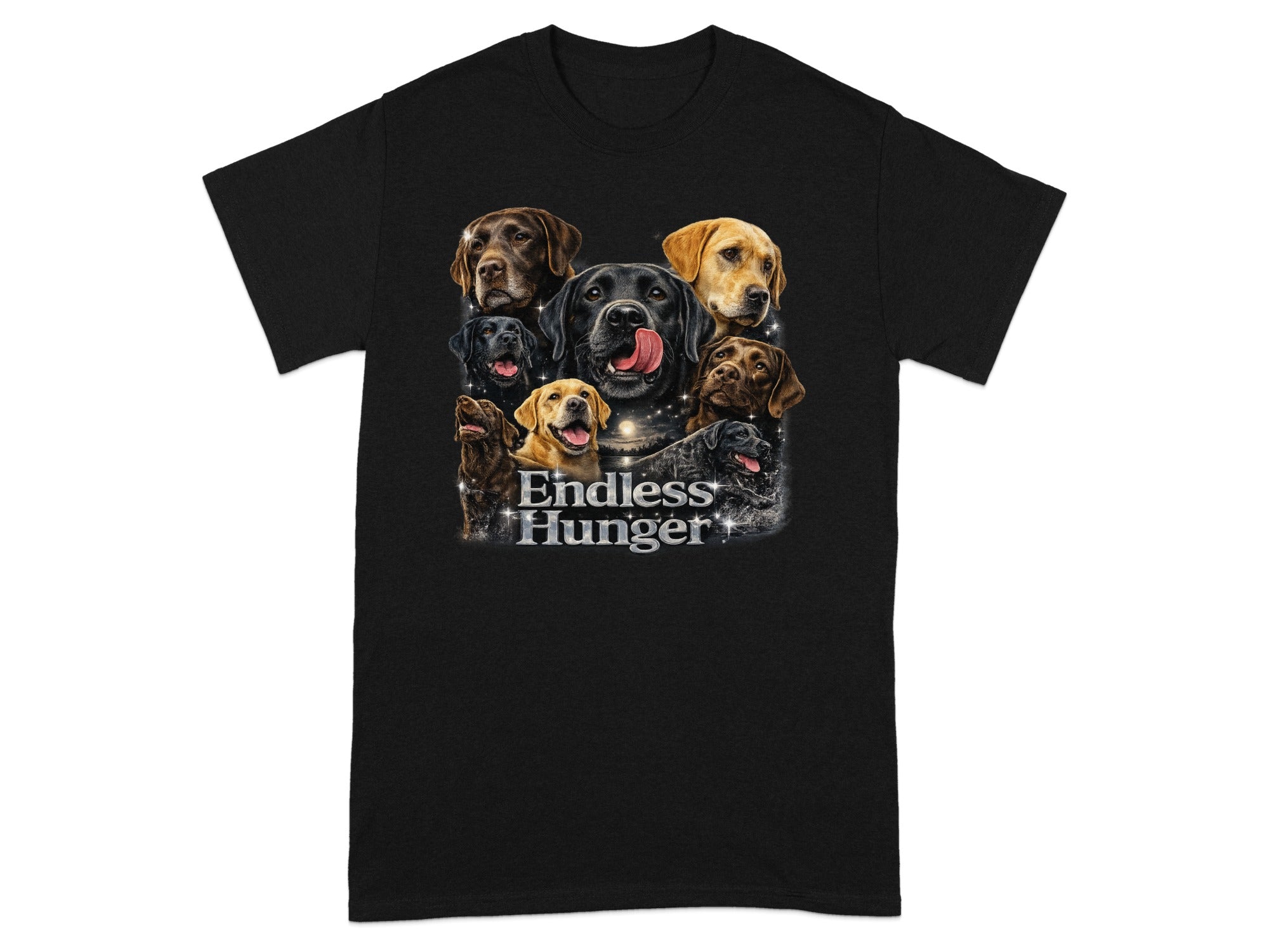 Black t-shirt with a collage of various colored Labradors titled "Endless Hunger".