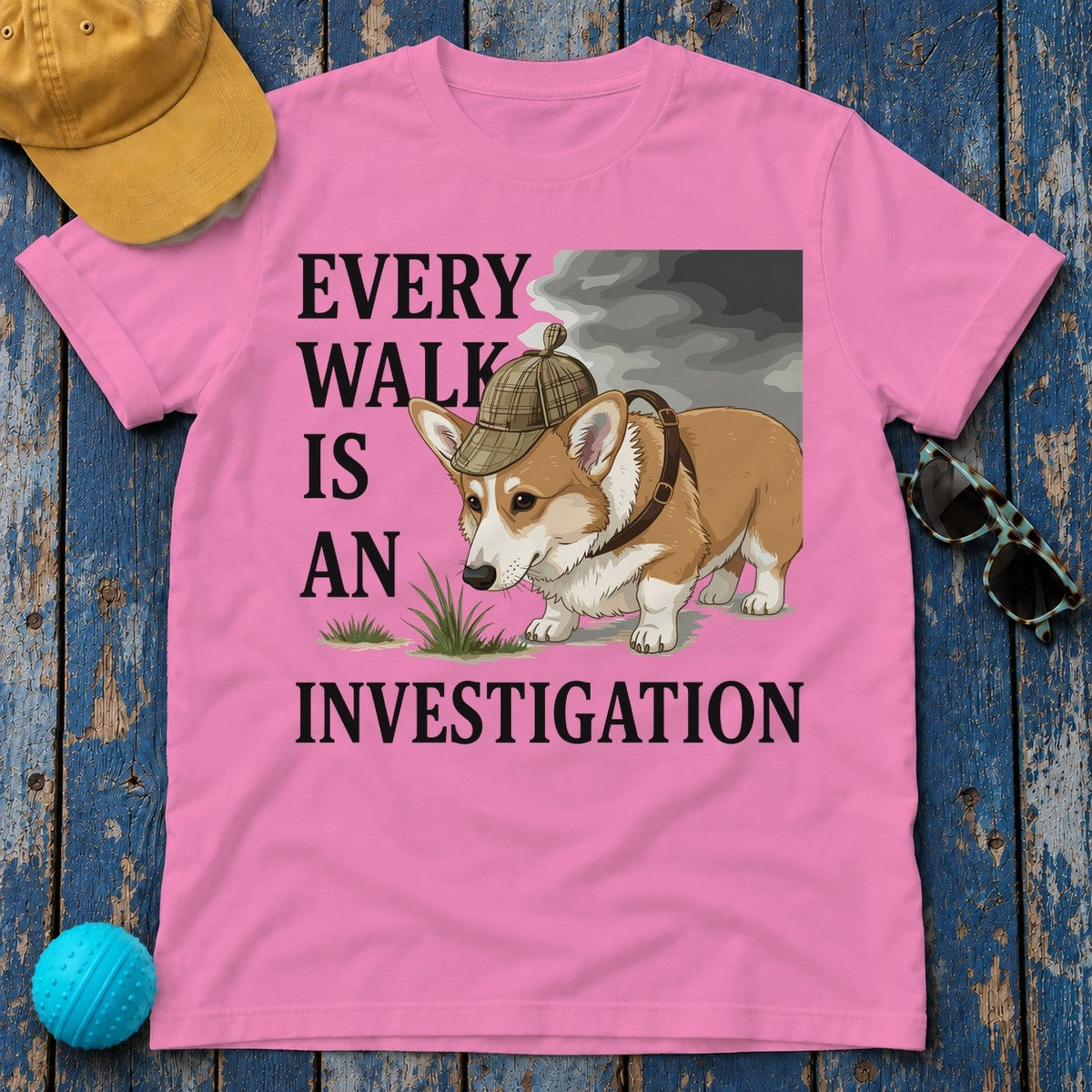 Every Walk Corgi Dog Detective T-Shirt in Azalea