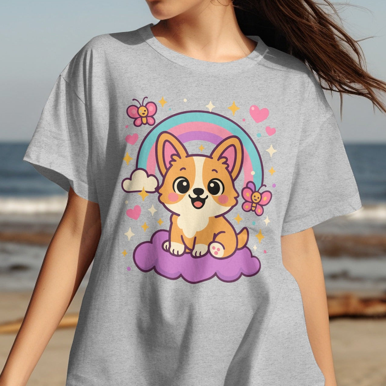Cute Corgi with Rainbow and Butterflies T-Shirt