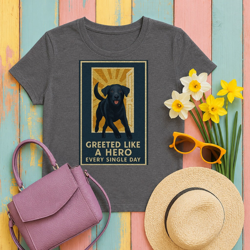 Black Lab Greeted Like a Hero T-shirt in Dark Grey Heather