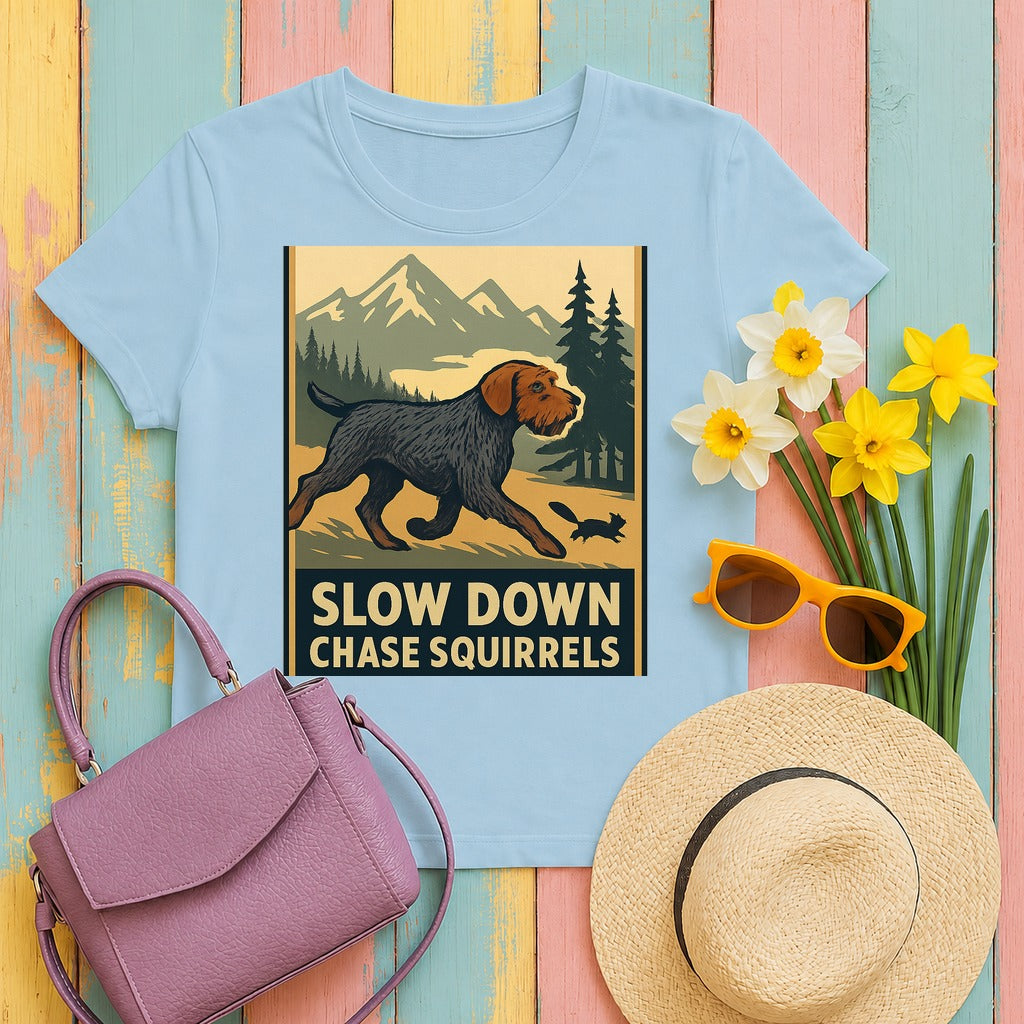 Wirehaired Pointing Griffon Slow Down Chase Squirrels T-shirt in Light Blue