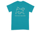 Teal t-shirt with outline of a pug on a leash and text "Slow down, enjoy walks".