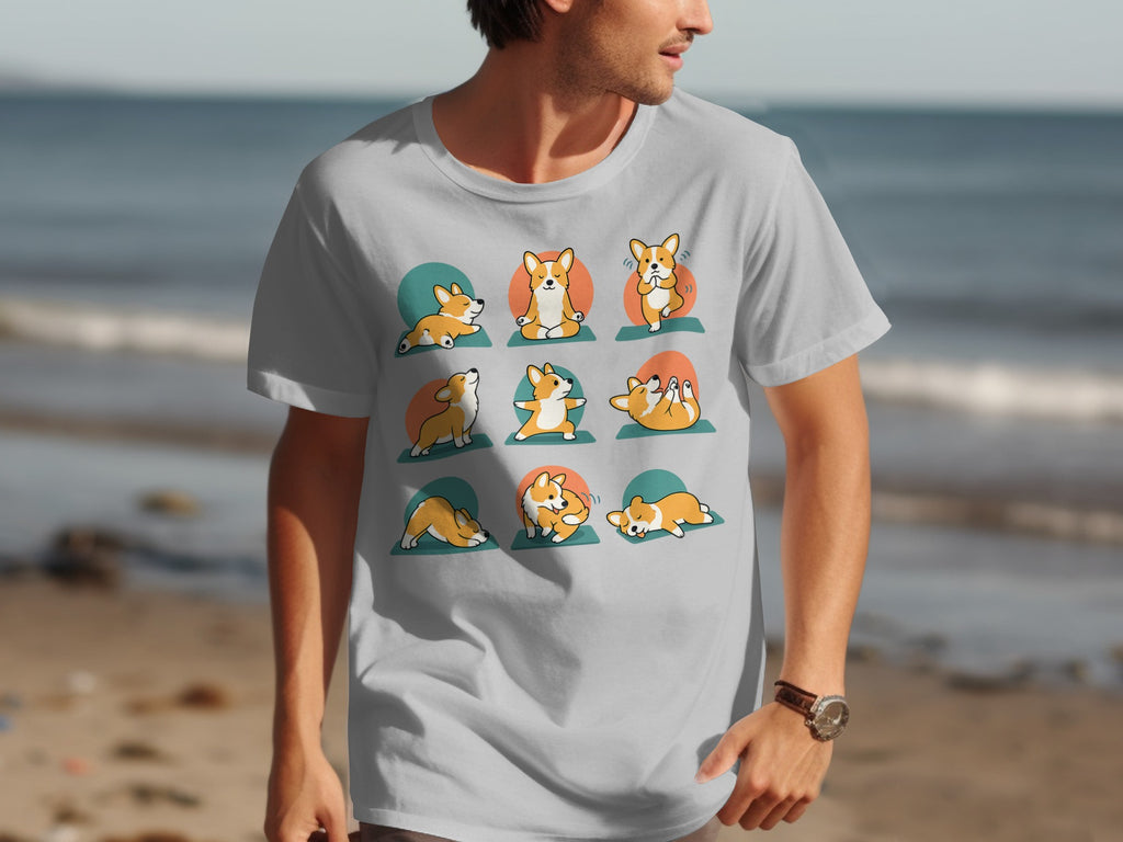Light gray t-shirt with cartoon corgis in various yoga poses.