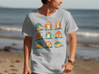 Light gray t-shirt with cartoon corgis in various yoga poses.
