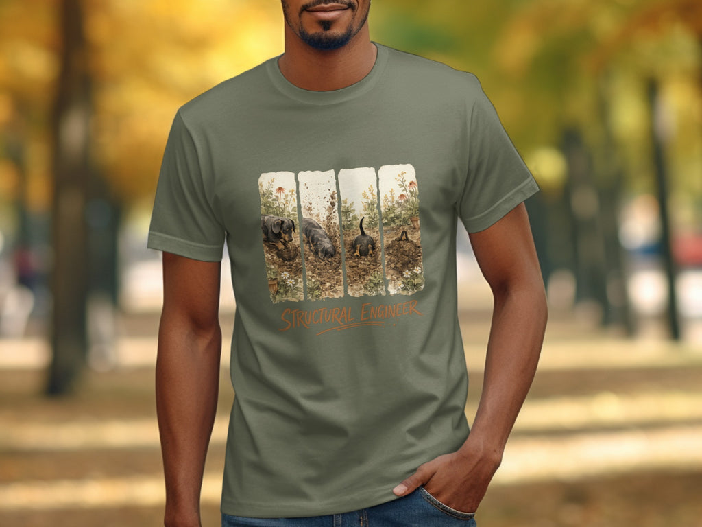 Grey t-shirt with a graphic of dachshunds digging and the text "STRUCTURAL ENGINEER".