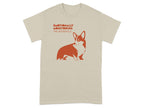 Tan t-shirt with orange corgi and "EMOTIONALLY MONITORING THE HOUSEHOLD" text.
