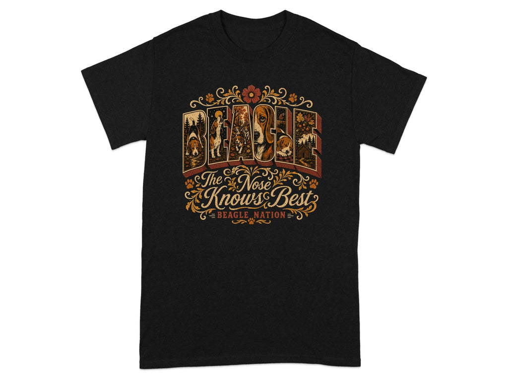 Black t-shirt with "The Nose Knows Best" and Beagle Nation text, featuring beagle illustrations.