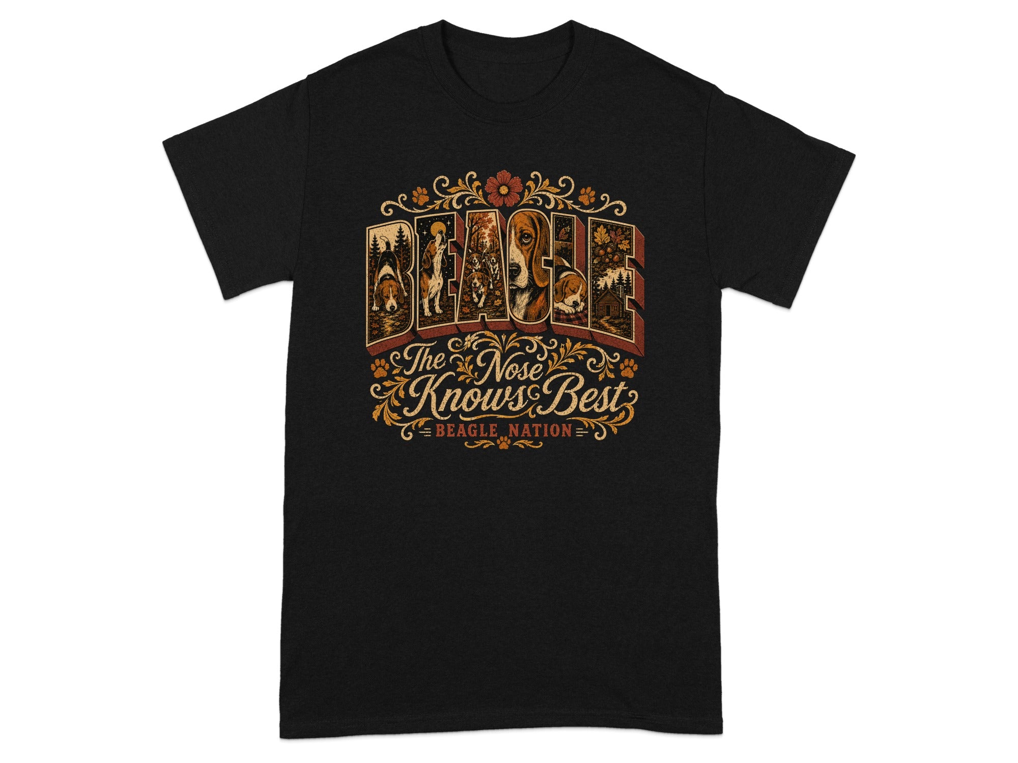 Black t-shirt with "The Nose Knows Best" and Beagle Nation text, featuring beagle illustrations.