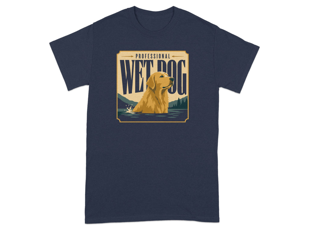 Golden retriever swimming in water with "Professional Wet Dog" text.