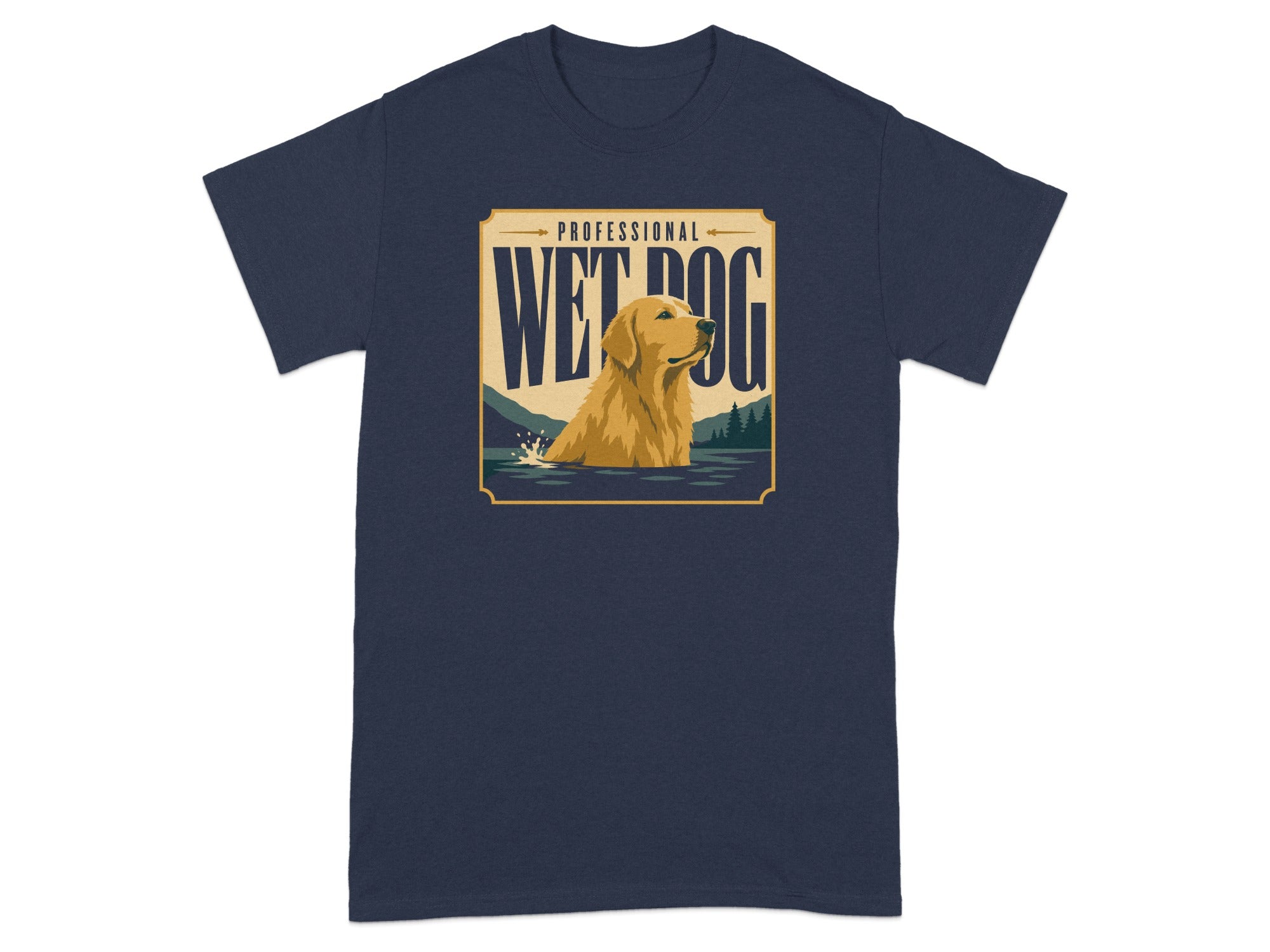 Golden retriever swimming in water with "Professional Wet Dog" text.
