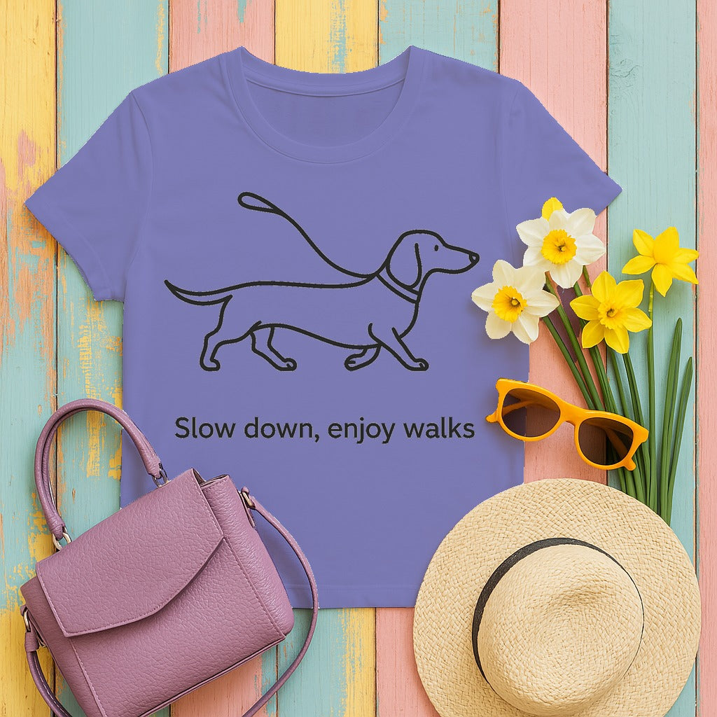 Dachshund Stroll Minimalist T-Shirt in Violet