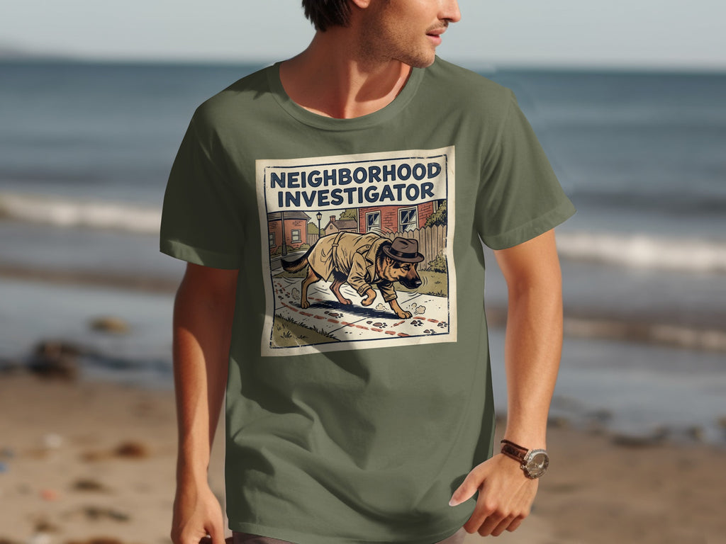 Dog in trench coat and hat, "Neighborhood Investigator" text.