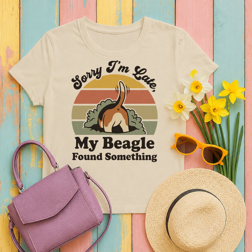 migbackfill sorry-i-m-late-beagle-t-shirt tee flat lay hero v8