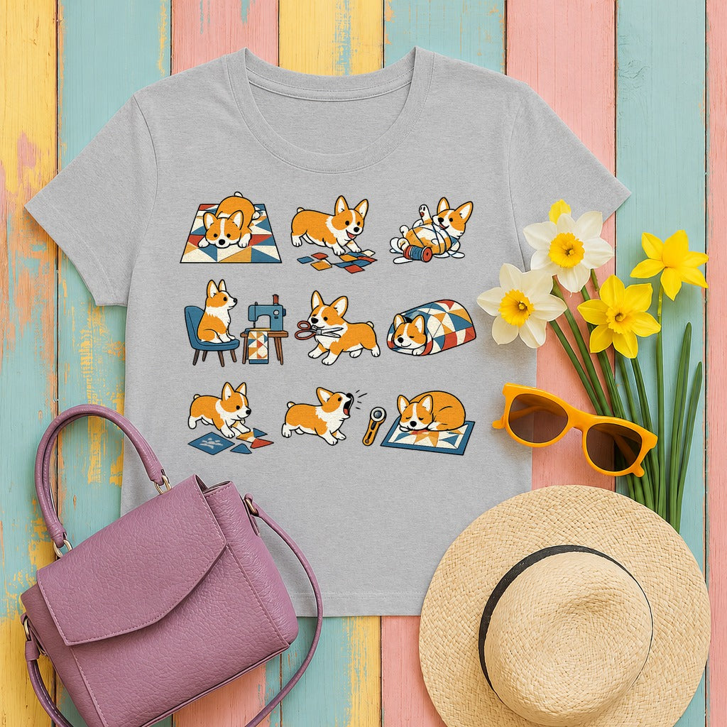 Whimsical Corgi Quilter's Chronicle T-Shirt in Sport Grey