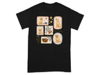 Black t-shirt with four framed illustrations of golden retriever puppies, a dog bowl, and toys.