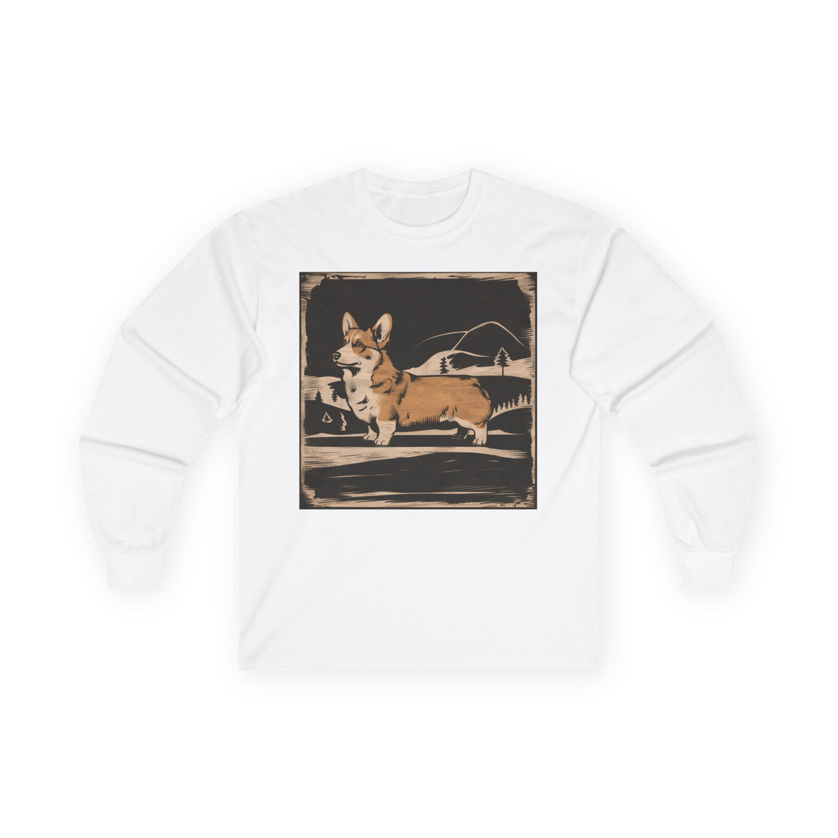 Cute Corgi with Mountains Long Sleeve Tee in White