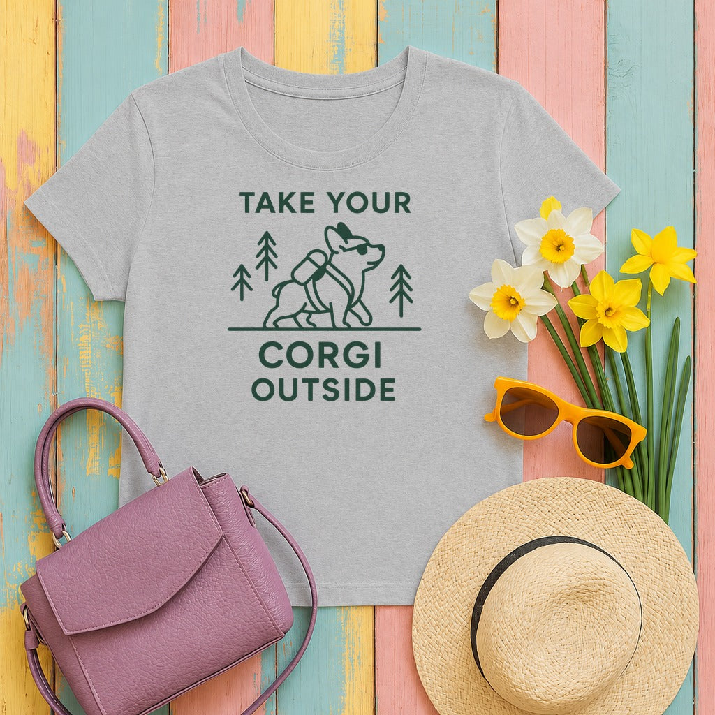 Take Your Corgi Outside Hiking Adventure Dog T-Shirt in Sport Grey