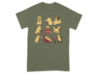 Cartoon golden retrievers interacting with wine bottles, glasses, and grapes in various poses.