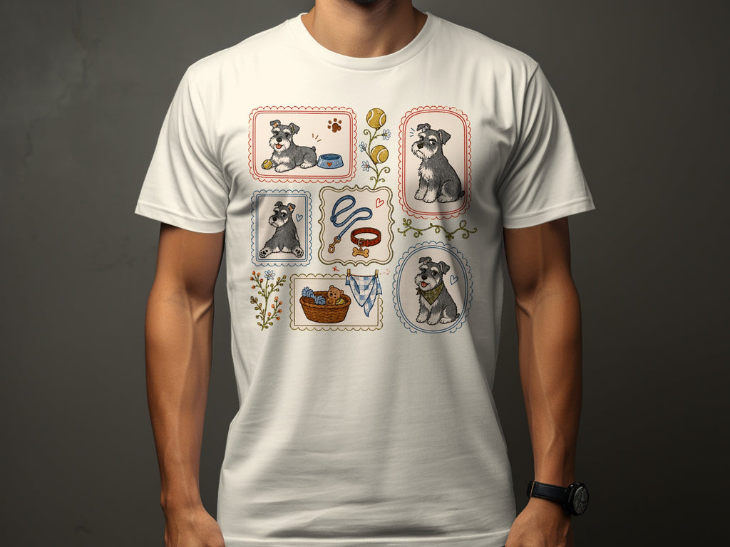 Framed illustrations of schnauzers, dog toys, and treats on a white t-shirt.