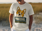 White t-shirt with a smiling corgi wearing a "Processing Please Wait" sign.