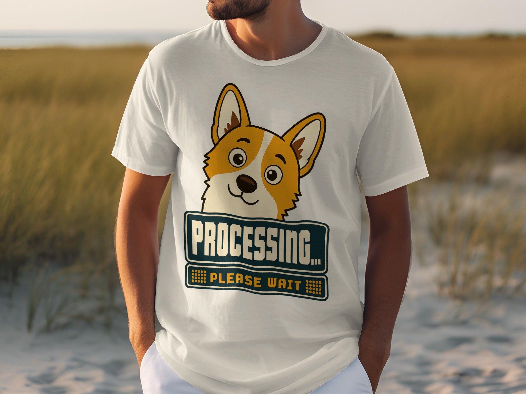 White t-shirt with a smiling corgi wearing a "Processing Please Wait" sign.
