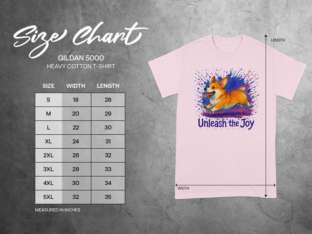 Gildan 5000 heavy cotton t-shirt size chart with corgi graphic.