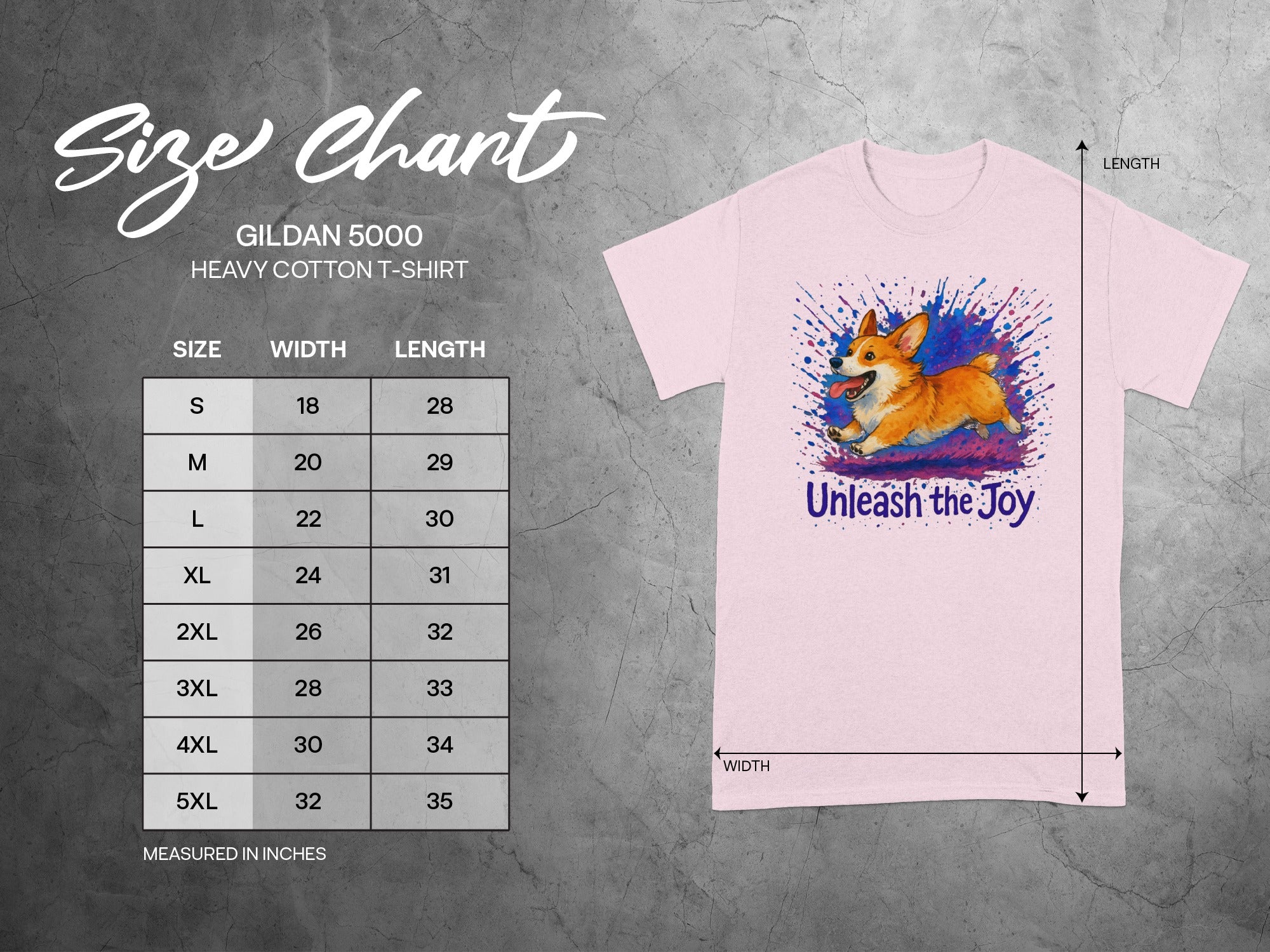Gildan 5000 heavy cotton t-shirt size chart with corgi graphic.