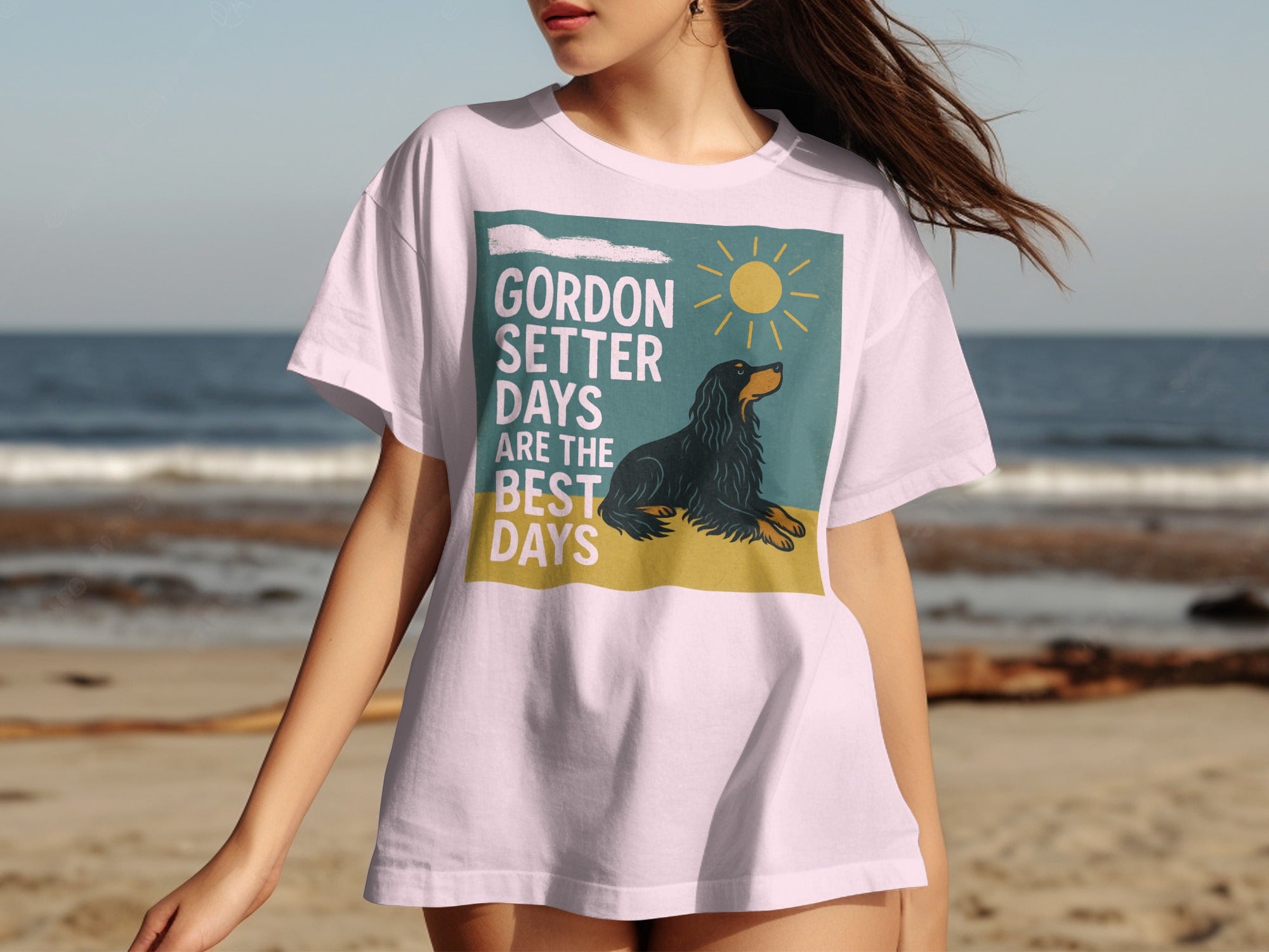 White t-shirt with "Gordon Setter Days Are the Best Days" text and dog graphic.