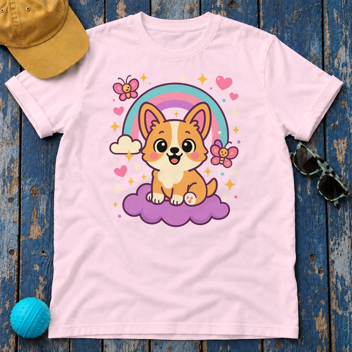 Corgi Dog on Cloud T-Shirt in Light Pink