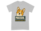 Corgi peeking over "Processing... Please Wait" sign.
