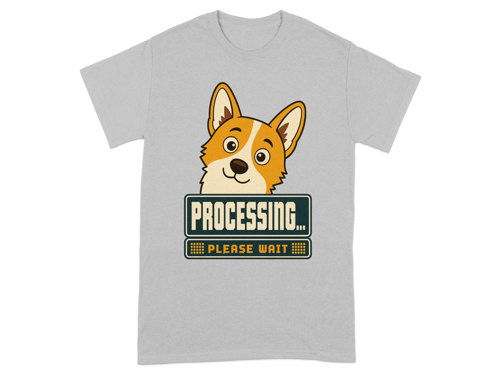 Corgi peeking over "Processing... Please Wait" sign.