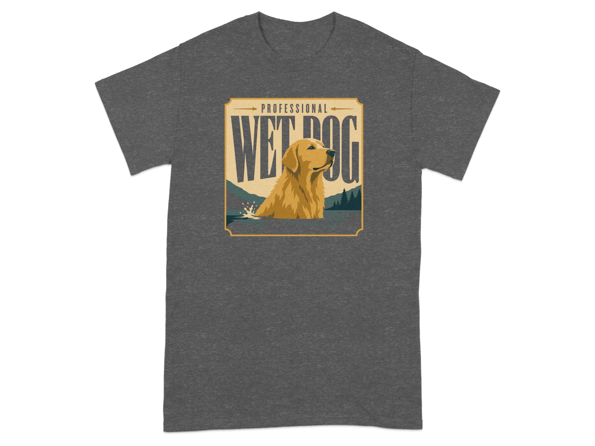 T-shirt graphic featuring a golden retriever swimming with text "PROFESSIONAL WET DOG".