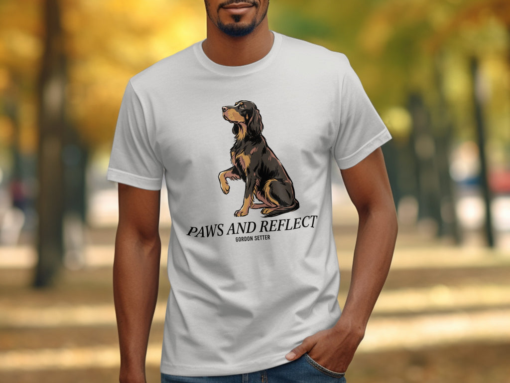 White t-shirt with Gordon Setter dog illustration and text.