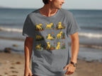 T-shirt with a graphic of a golden retriever puppy gardening in nine sequential panels.