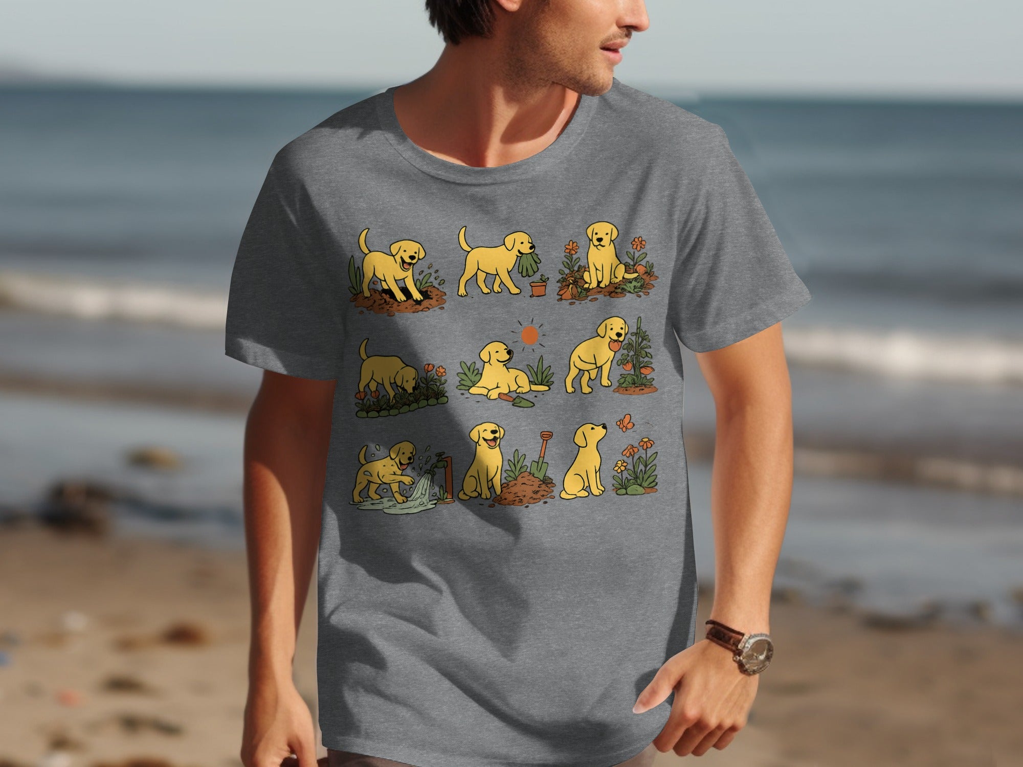 T-shirt with a graphic of a golden retriever puppy gardening in nine sequential panels.