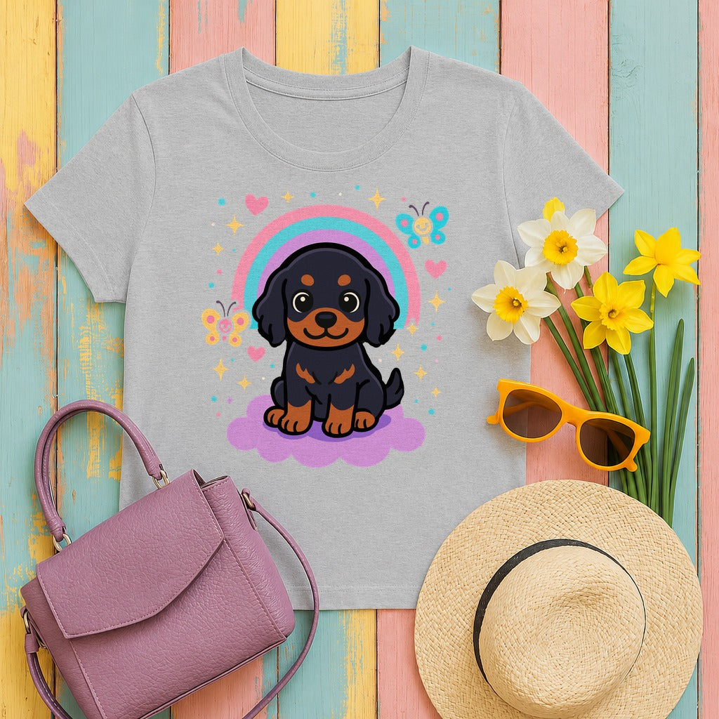 Cute Puppy Gordon Setter On Cloud Under Rainbows Stars and Hearts T-Shirt in Sport Grey
