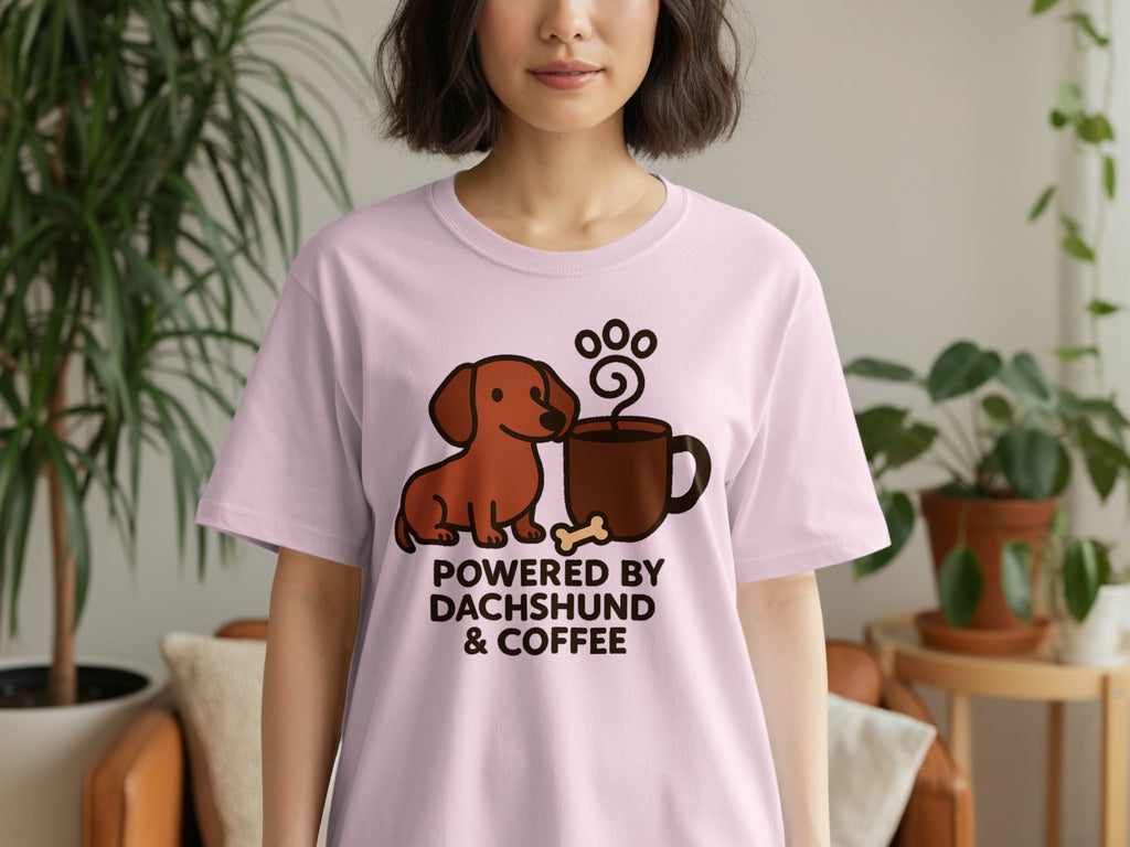 Pink t-shirt with a dachshund, coffee mug, bone, and paw print graphic.