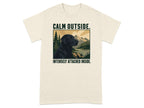 Cream t-shirt with black dog and nature scene, text reads "CALM OUTSIDE. INTENSELY ATTACHED INSIDE."