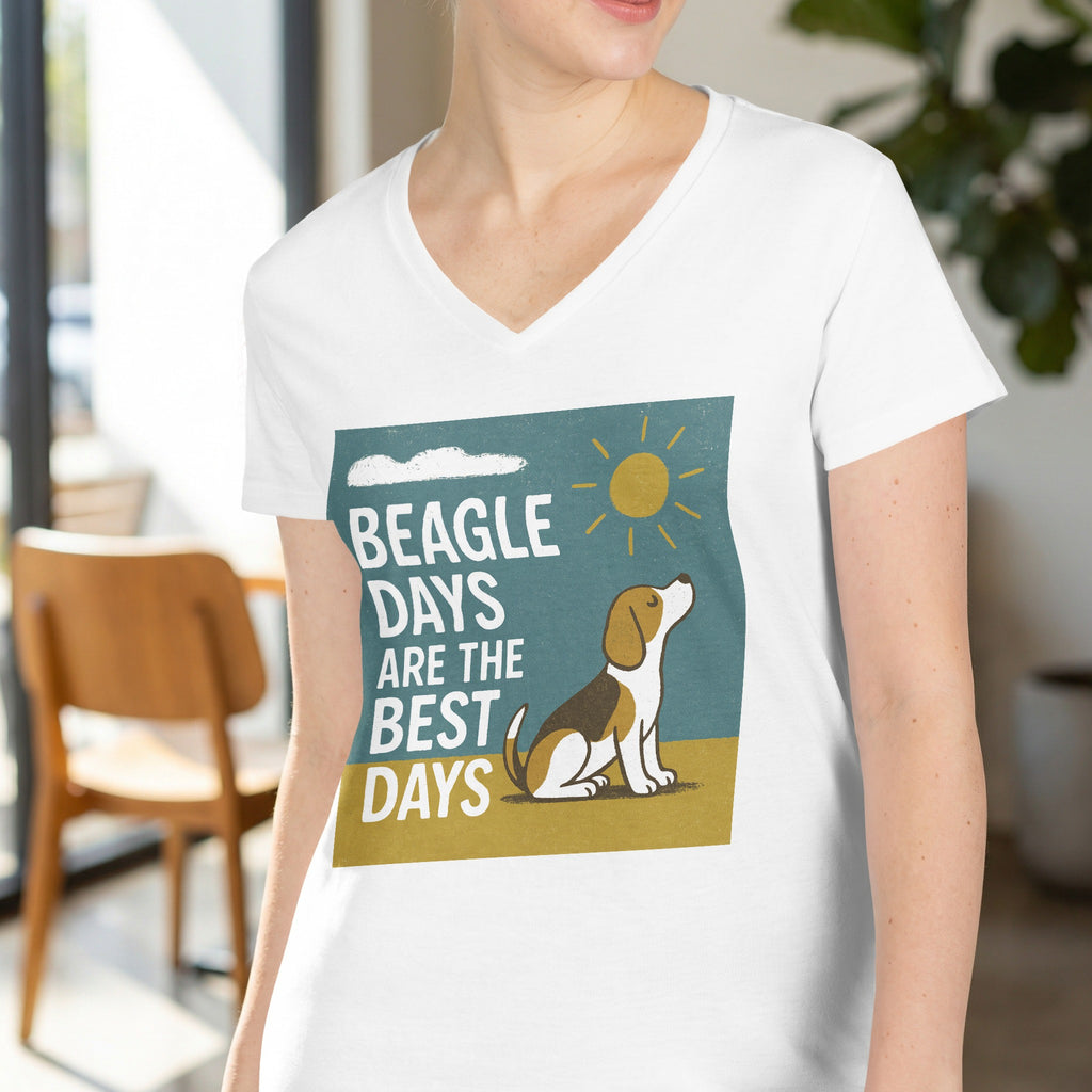 White v-neck t-shirt with graphic of beagle and text "BEAGLE DAYS ARE THE BEST DAYS".