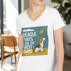 White v-neck t-shirt with graphic of beagle and text "BEAGLE DAYS ARE THE BEST DAYS".