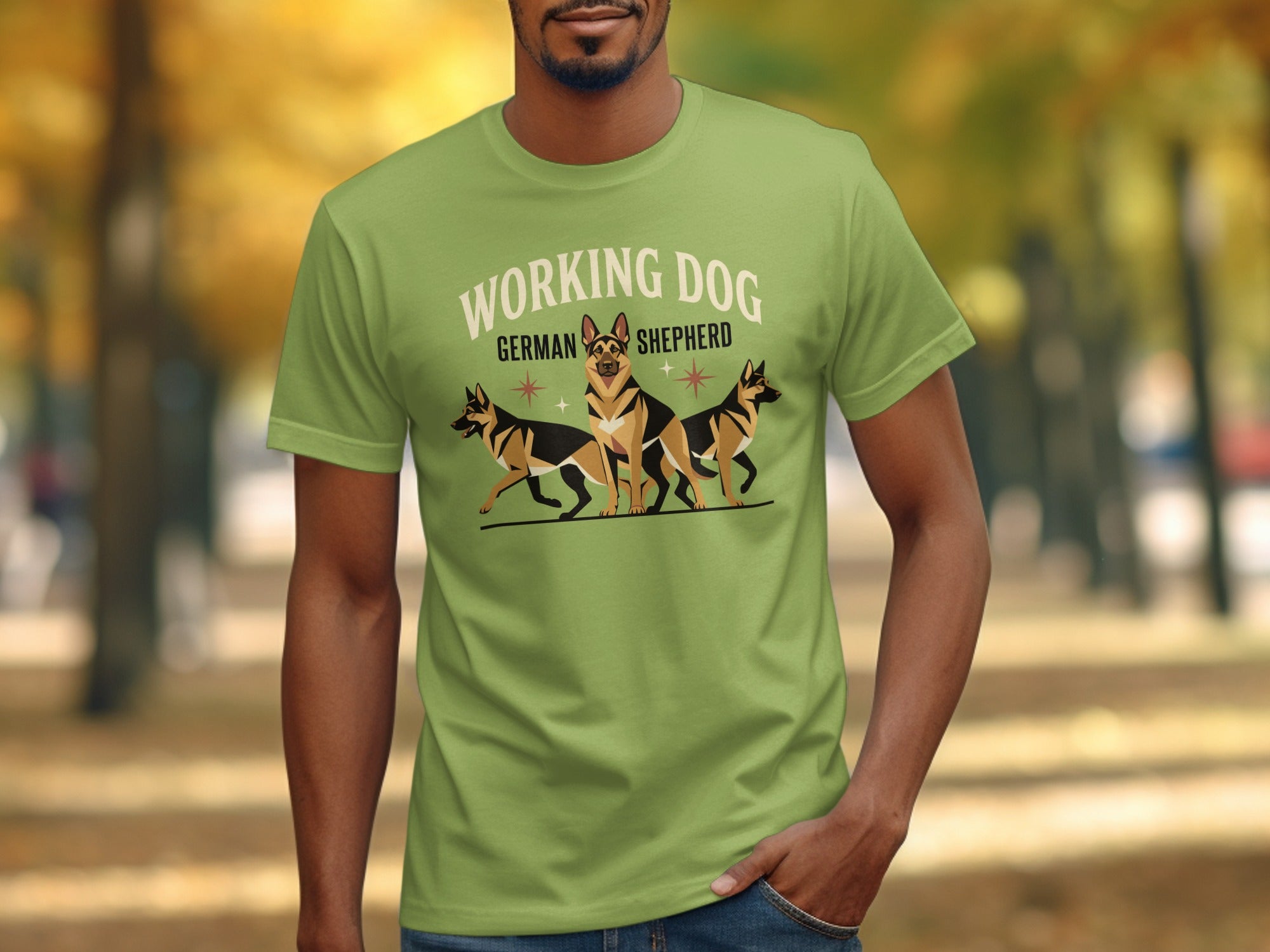 Green t-shirt with three German Shepherds and "Working Dog German Shepherd" text.
