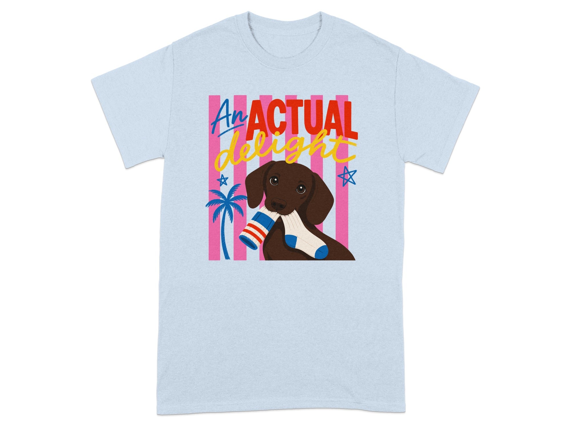 Light blue t-shirt featuring a dachshund wearing a sock with text "An ACTUAL delight".
