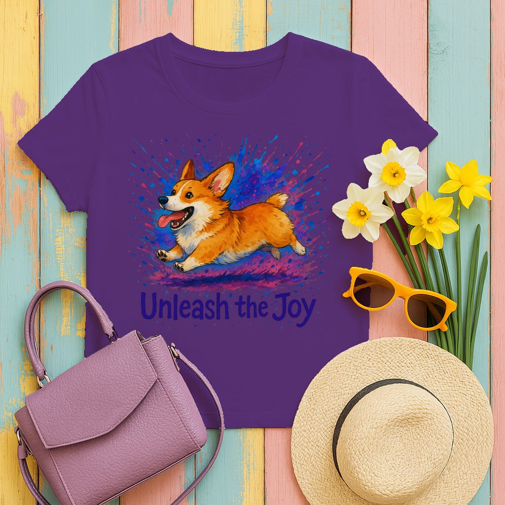 Unleash the Joy Playful Corgi Illustration T-Shirts in Purple