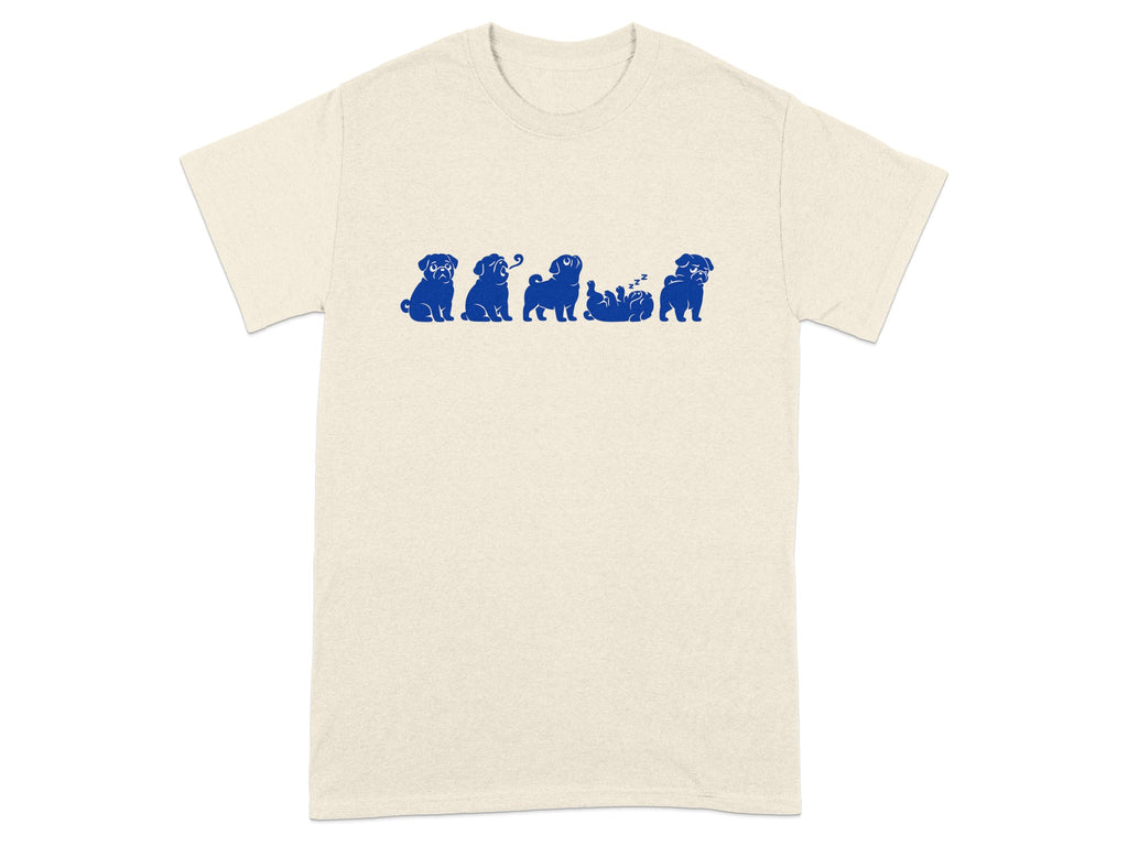 Cream t-shirt with a navy blue graphic of five pugs in various poses.