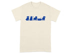 Cream t-shirt with a navy blue graphic of five pugs in various poses.