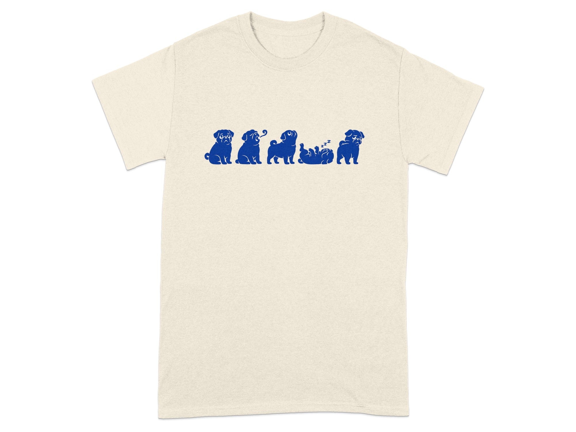Cream t-shirt with a navy blue graphic of five pugs in various poses.