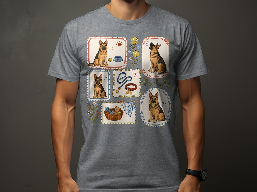 Grey t-shirt with framed illustrations of German Shepherd dogs and dog accessories.