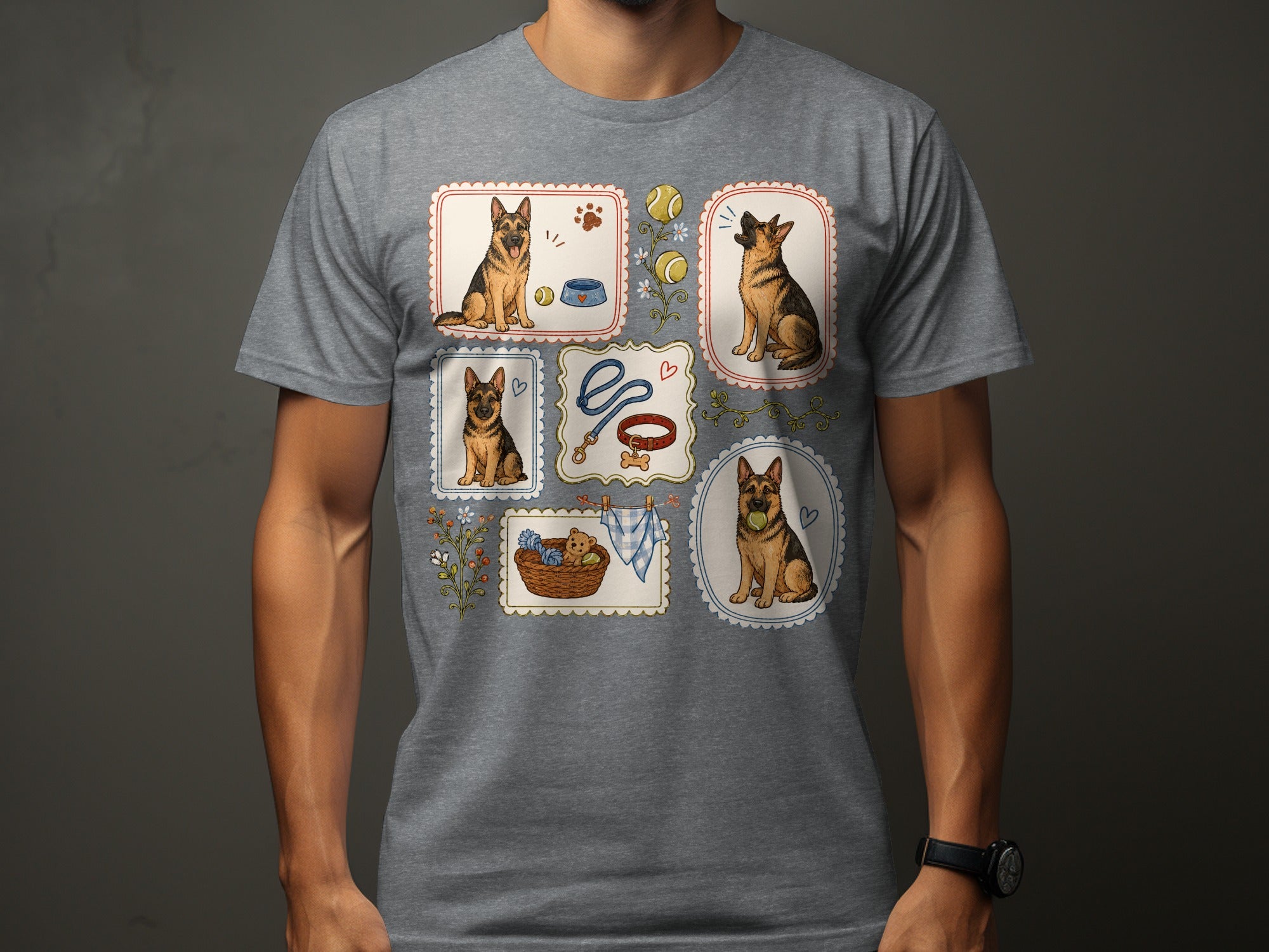 Grey t-shirt with framed illustrations of German Shepherd dogs and dog accessories.