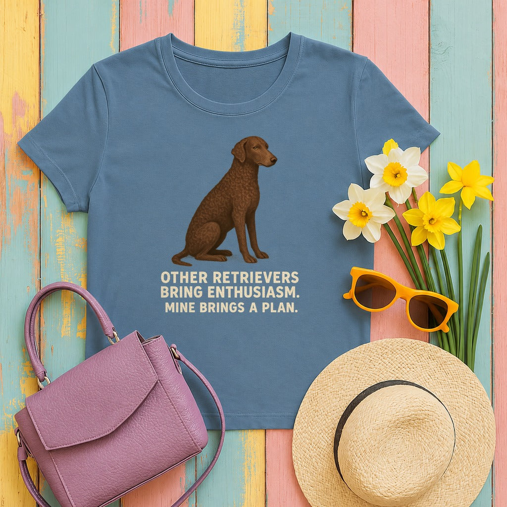 Curly-Coated Retriever Mine Brings A Plan Tee in Steel Blue