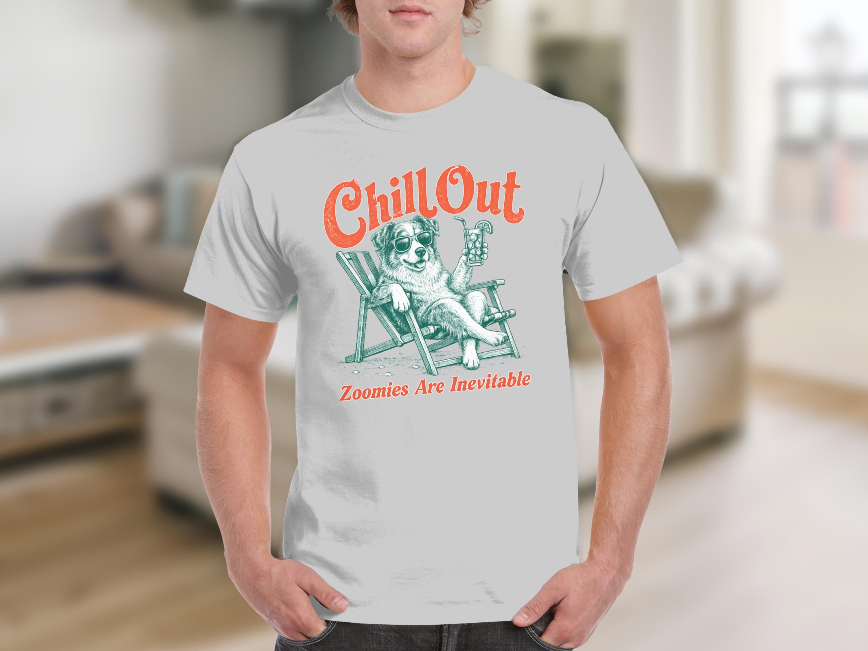 White t-shirt with dog in sunglasses relaxing in a lounge chair.